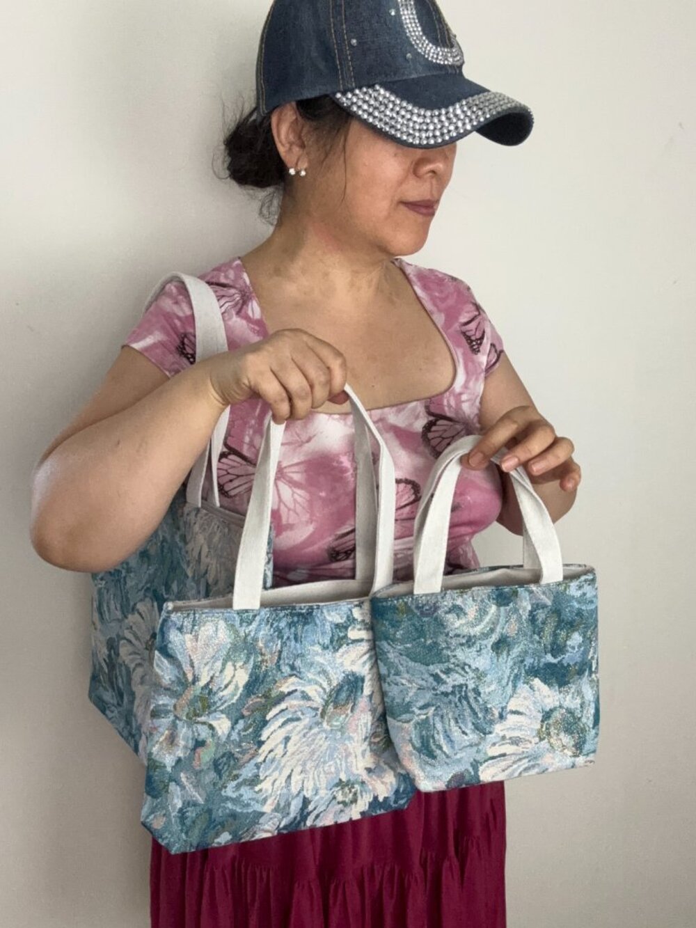 NEW Elegant Beautiful Shining Blue Oil Paint Flowers Canvas Tote Bag Large